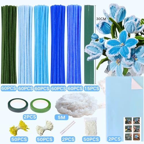 5-Color Blue Pipe Cleaner Flower Kit,300 Pcs Pipe Cleaners Craft - color: Blue