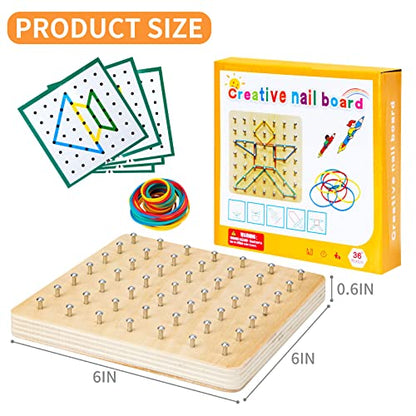 HEELWIRE Wooden Geoboard,Montessori Toy,Graphical Mathematical Education Toy for Kids with Pattern Cards and Rubber Bands to Figures and Shapes, Brain Teaser STEM Toy Geo Board (6 * 6 * 0.6 in) - size: 6*6*0.6 in