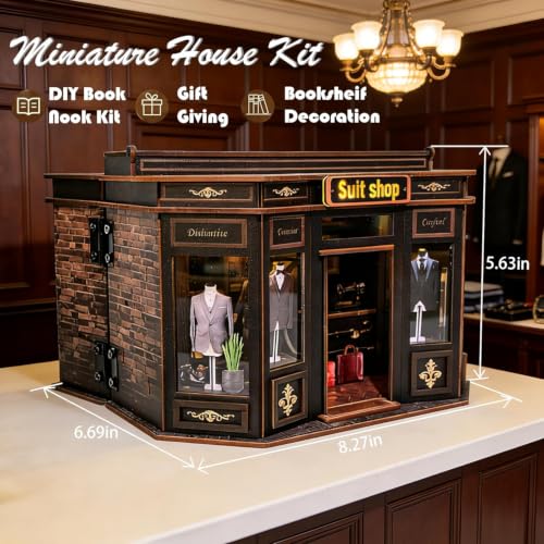 Book Nook Kit LED Wooden Miniature Suit Shop, 3D DIY Dollhouse Assembly Model with Crafted Interior, Creative Hobby Building Set for Adults - style: Suit Shop
