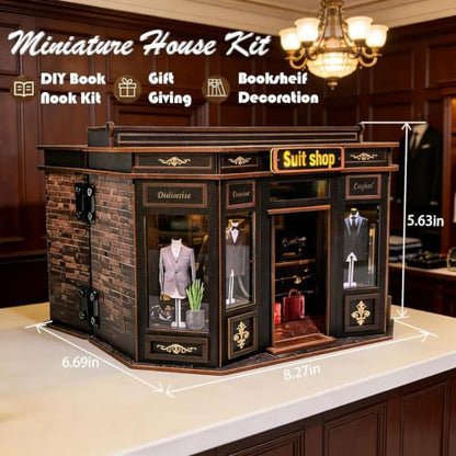 Book Nook Kit LED Wooden Miniature Suit Shop, 3D DIY Dollhouse Assembly Model with Crafted Interior, Creative Hobby Building Set for Adults - style: Suit Shop