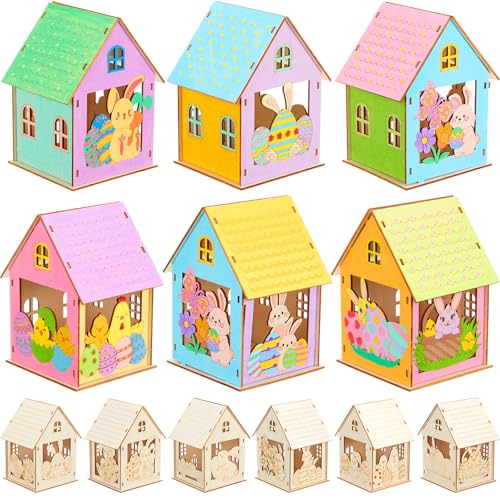 Jenaai 12 Sets Easter Wooden House to Paint DIY Crafts Bulk Village Sets 3D Wood Bunny House Crafts and Arts for Spring Easter Gift Party Supplies Table Decorations - style: Easter Cottage