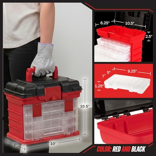 Stalwart Portable Tool Box Small Parts Organizer with Drawers, Red