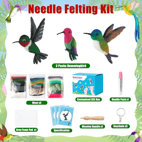 WATINC Needle Felting Kit - 3 Set Unique Different Cute Doll Wool Felt Needle Tools Foam Pad Instruction, DIY Home Decoration Craft Party Supplies for Art Work Starter Beginners (Hummingbird) - style: Hummingbird