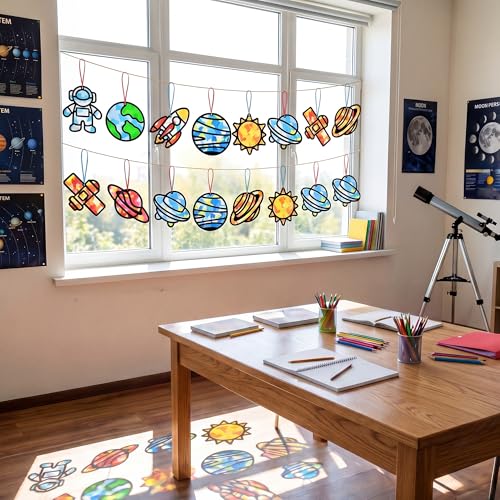 Renbuzhu 48PCS Solar System Space Paper Suncatchers DIY Project Kits, Back to School Window Stained Glass Effect Art Supplies for Party - style: space