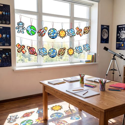 Renbuzhu 48PCS Solar System Space Paper Suncatchers DIY Project Kits, Back to School Window Stained Glass Effect Art Supplies for Party - style: space