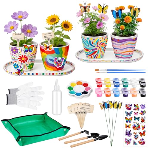 Hysagtek Paint & Plant Flower Growing Kit - Fun Gardening Set with 4 Pots, Art Craft Grow Garden Planting Set Birthday Easter Gift for Girls & Boys