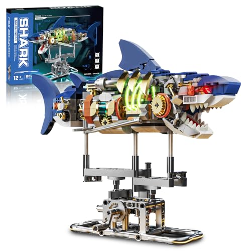 Mechanical Shark Building Set with Light for Boys 8-14, Compatible with Lego Shark, 687PCS Ocean Animals with Display Stand & Movable Joints, Sea Fish Toys Gifts for Home/Office Decor for Adults Kids