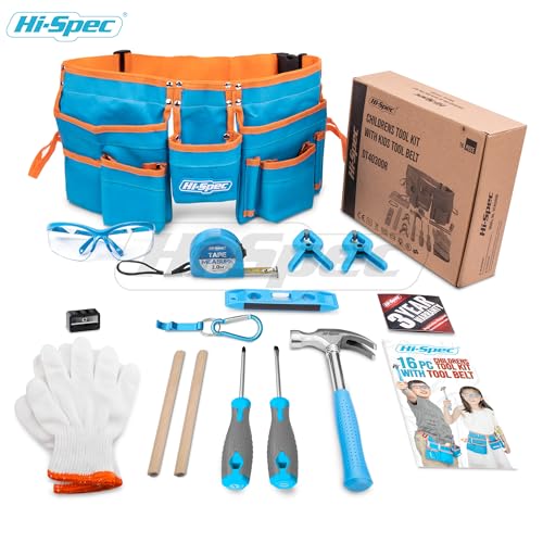 Hi-Spec Kids Tool Set with Tool Belt for Real Child-Sized STEM DIY, Blue - color: Blue, size: 16 Piece
