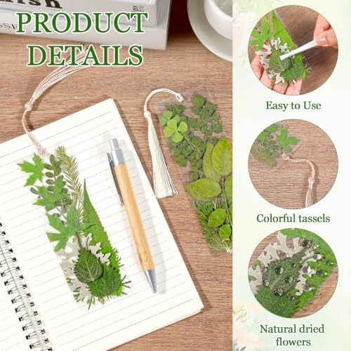 20 Sets Dried Leaves Bookmark Making Kit Transparent Bookmark DIY Projects Craft Gift Bulk PET Sticker with Color Tassels and Tweezer for Classroom Activities Reading Award and Book Lovers (Leaves) - style: Leaves
