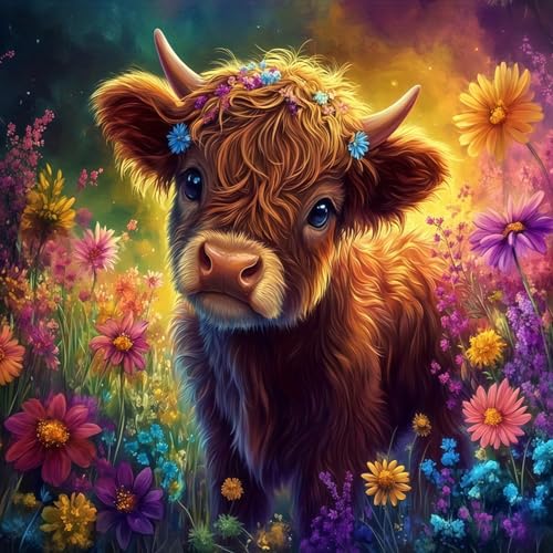5D Highland Cow Diamond Art kits for Adults Beginners 13.7x 13.7 Inch - color: KM943-1