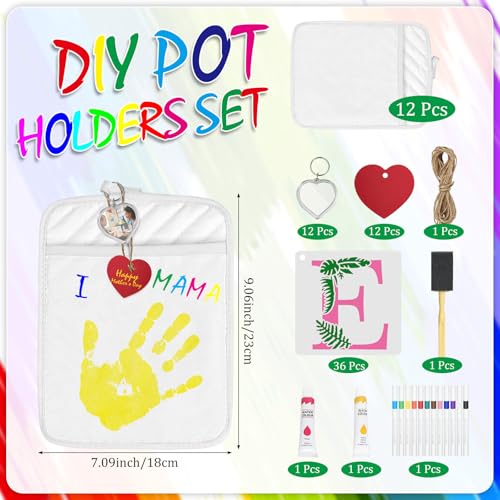Cinrobiye 12 Set DIY Pot Holder Craft Kit with Pocket, Classroom Craft Activity Set with White Heat Resistant Hot Pads, Markers & Stencils, Handmade Kitchen Gift Kit for School & Group Projects