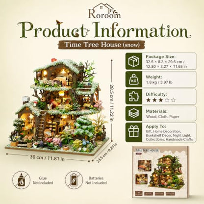 Roroom DIY Miniature House Kit, Snowy Fairy Forest House Dollhouse Kit - color: Time Tree House(snow)