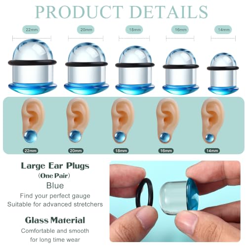 GEMQUEEN 24 Pcs 0.5mm Increments Glass Ear Stretching Kit Hypoallergenic - color: Blue, size: 18mm(11/16'') | 2pcs