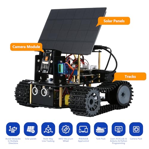 5-In-1 ESP32 Smart Camera Solar Robot Tank Car Kit, STEM Toy Robotics Kit for Kids Age 8-16 Boy, APP & Remote Control 4WD Car with 3MP Camera, Arduino Educational Science Coding Kit Gift for 12+ Teens - color: Black