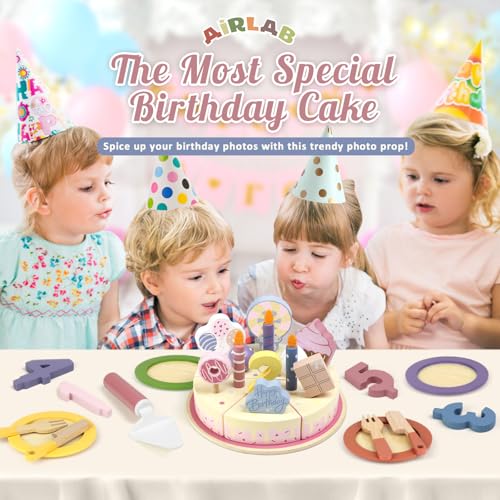 Wooden Birthday Party Cake Play Food Sets for 3 4 5 Year Old - color: Pink