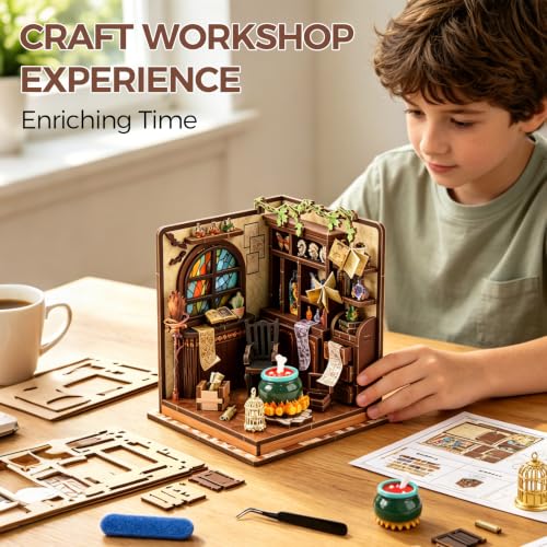 Book Nook Kit – DIY Miniature House Kit, Book Nook Kits for Adults, 3D Wooden Puzzle Craft Workshop Scene, Bookshelf Decor Insert, Home Office & Study Room Gift