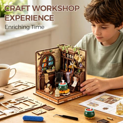 Book Nook Kit – DIY Miniature House Kit, Book Nook Kits for Adults, 3D Wooden Puzzle Craft Workshop Scene, Bookshelf Decor Insert, Home Office & Study Room Gift