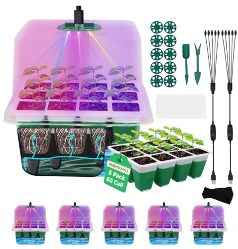 60-Cell Self Watering Seed Starter Tray with Grow Light, 5-Pack Reusable Seed Starter Kit with Soft Silicone, Plant Germination Trays with Humidity Dome for Seeding Planting Growing