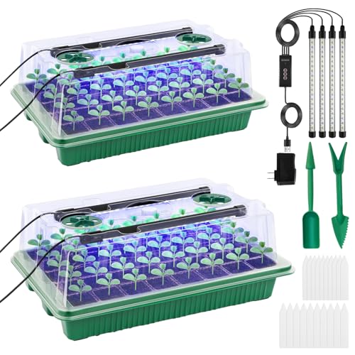 Seed Starter Tray with Timed Grow Light, 2 Pack 80 Cells Plant Starter Tray Seedling Starter Kit with Humidity Domes Base Indoor Mini Greenhouse Plant Germination Trays for Seeds Growing Starting - size: 40 Cells-2 PCS