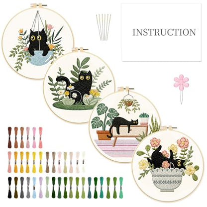 INFUNLY 4 Sets Cat Embroidery kit DIY Embroidery Kit for Beginners Cat Embroidery Set Plant Cats Cross Stitch Kit for Adults with Plastic Embroidery Hoops Threads and Instructions - color: Cat and Plant