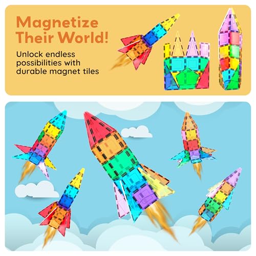 PicassoTiles Magnetic Building Block Rocket Booster Theme Set Magnet Construction Toy Educational Kit Engineering STEM Learning Playset Child Brain Development Stacking Blocks Playboard PT32 - color: Multicolored Rocket Booster Theme