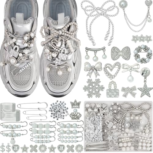 DoDoBeads 332 Pcs Junk Socks Charms Kit, Silver Shoe Charms for Sneakers, Pearl and Rhinestone Sock Charm with Safety Pins, DIY Accessories for Decorating and Personalizing Socks - style: Silver Frost