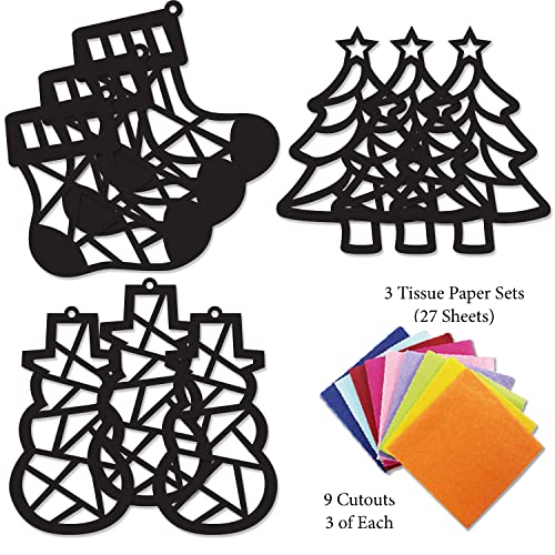 VHALE Suncatchers Craft 3 Sets (9 Cutouts) w Tissue Papers Stained Glass Effect Paper Sun Catcher Kit, Window Art, Classroom Crafts, Creative Art Projects, Kids Party Favors (Christmas) - style: Christmas