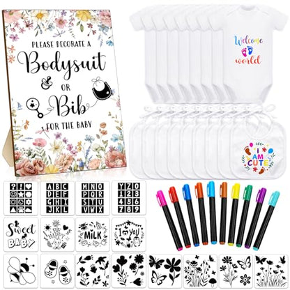 Chuarry 43 Pcs DIY Bibs Decorating Kit 8 Bodysuits 8 Pcs 2 Ply White Bibs 10 Fabric Markers 16 Stencils Baby Shower Sign(Wildflower) - style: Wildflower