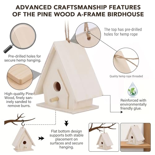 Unfinished Wooden Bird House Set Hanging DIY Paintable Decor 4 Pcs