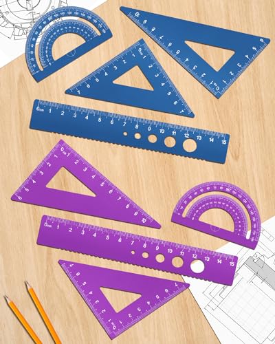Honagu Triangular Ruler Set, 8 Pieces/2 Sets Aluminum Alloy Ruler, Metal Drafting Ruler, Geometric Protractor for Students, Draftsmen, Engineers, School Office Supplies (Blue+Purple) - color: Blue+Purple
