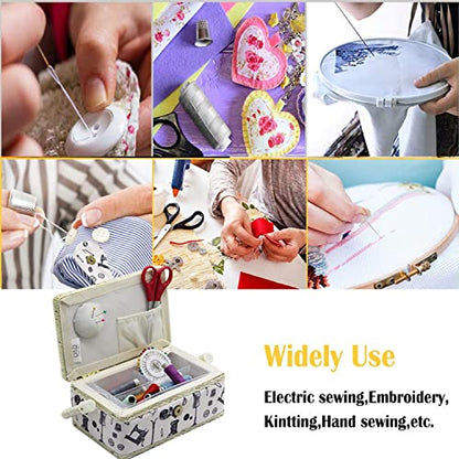 Small Sewing Basket with Supplies, Sewing Kit Storage Box for Girls/Kids/Beginners (White, Sewing Accessories Pattern)