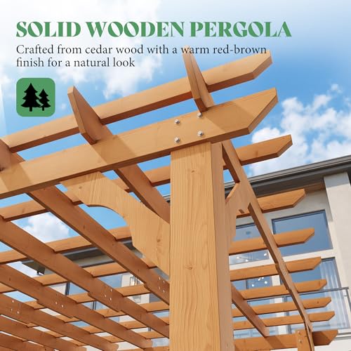 AMERLIFE 12x10 FT Outdoor Wooden Pergola, Large Solid Cedar Wood Pergola Kit with Slatted Roof Design, Heavy-Duty Frame for Backyard, Patio & Garden, Red-Brown Finish - size: 12x10 FT