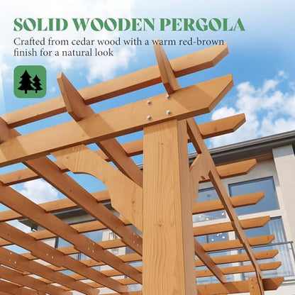 AMERLIFE 12x14 FT Outdoor Wooden Pergola, Large Solid Cedar Wood Pergola Kit with Slatted Roof Design, Heavy-Duty Frame for Backyard, Patio & Garden, Red-Brown Finish - size: 12x14 FT