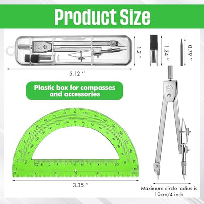 EBOOT Drawing Compass and 6 in Protractor Geometry Set, Green - color: Green