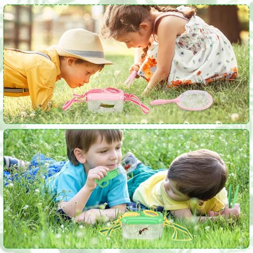 Halloscume 6 Sets Bug Catcher for Kids Students Insect Catching Kit Collector Bug Box with House, Butterfly Net, Tweezer, Cage Habitats Container Collection Explorer Gift (Pink,Green) - color: Pink,green
