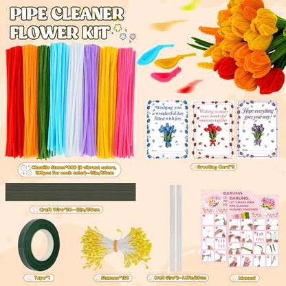 Anyeve 800PCS Pipe Cleaners Flower Kit, Pipe Cleaner Bulk Craft Flower Making Kit with Instruction, 8 Colors Thick Chenille Stems for Arts DIY Craft Supplies with Gardening Tape, Floral Wires, Stamen