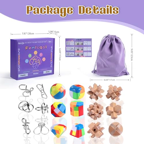 Brain Teaser Puzzles for Adults and Kids, 18Pcs Puzzle Games Set, 3D Wooden Plastic Metal Puzzle, Unlock Interlock Mind Brain Games, IQ Test Educational Toy - style: Medium-18PCS