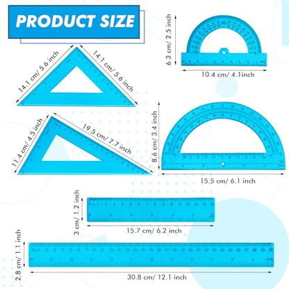 Tenare 6 Pcs Math Geometry Ruler Straight Protractor Triangle, Blue - color: Blue