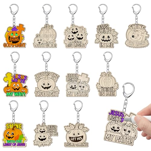 Trnayi 36 Pcs Christian Pumpkin Wood Keychain DIY Craft - style: Christian Pumpkin