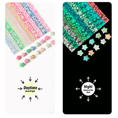 CCINEE 840 Sheet Luminous Origami Star Paper Strips, Glow in the Dark DIY Handmade Crafts Origami Lucky Star Paper, 4 Styles 40 Colors