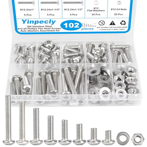 102pcs #12-24 Phillips Pan Head Machine Screws Nuts Washers Kit - size: #12-24