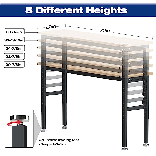 WORKPRO 72" Adjustable Workbench, Rubber Wood Top, 3000 LBS Capacity - size: 6FT workbench