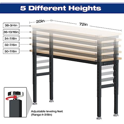 WORKPRO 72" Adjustable Workbench, Rubber Wood Top, 3000 LBS Capacity - size: 6FT workbench