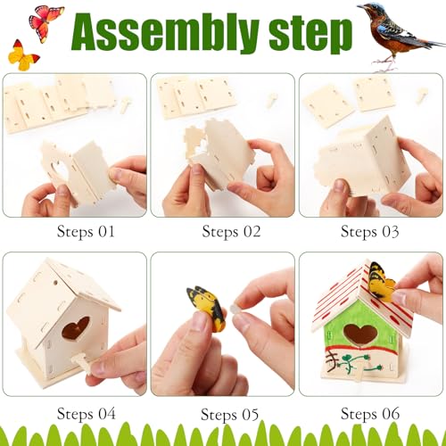 Outus 24 Pcs Wooden Birdhouse Kits for Kids, 4 Shapes Unfinished, Lovely - style: Lovely