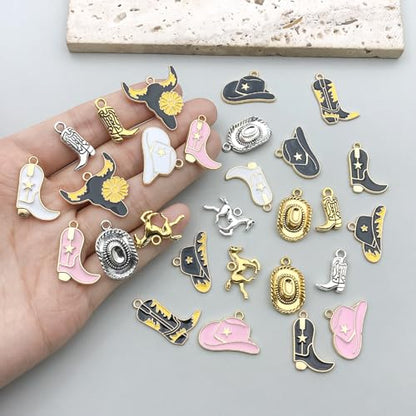 30pcs Western Cowboy Charms for Jewelry Making Alloy Boot Gun Cowboy Boot Hat Horse Cactus Charms Pendants for Necklace Earrings Bracelet Keychain Father's Day Gifts DIY Craft Findings (SN1042) - color: Black White Pink Charms