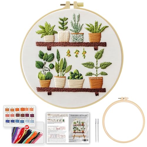 JOZYSH Full Range Embroidery Kit for Adult, Green Plant Pattern Embroidery Kit for Beginners Include Embroidery Cloth Hoops Threads for Craft Lover Hand Stitch with Embroidery Skill Techniques - color: Green plants