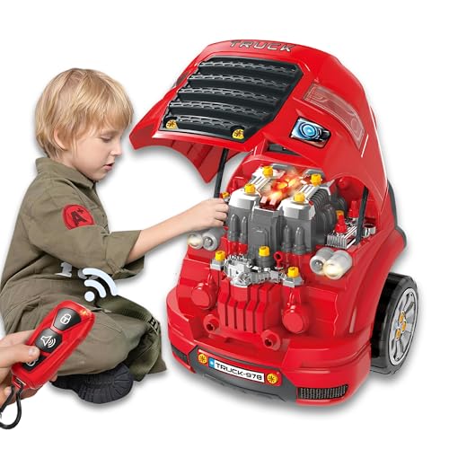 Large Truck Engine Toy — Interactive Steering Wheel, Engine Building Kit & Kids Mechanic Tool Set with Light & Sound – 56 PCS Take Apart Toys for Boys Ages 3+