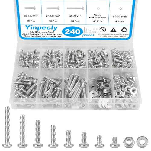 240pcs #6-32 Phillips Pan Head Machine Screws Nuts Washers Kit - size: #6-32