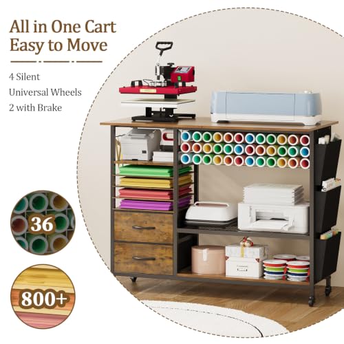 VENNQD Large Heat Press Table Stand, Rolling Heat Transfer Machine Desk Cart Drawers Compatible with Cricut Machines Vinyl Roll Holder DIY Organizer Crafting Table Workbench (Rustic Brown) - color: Rustic Brown