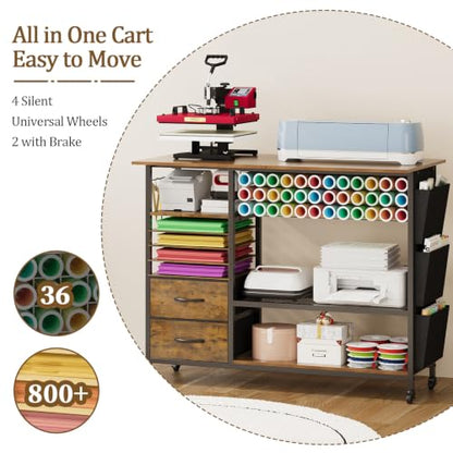 VENNQD Large Heat Press Table Stand, Rolling Heat Transfer Machine Desk Cart Drawers Compatible with Cricut Machines Vinyl Roll Holder DIY Organizer Crafting Table Workbench (Rustic Brown) - color: Rustic Brown